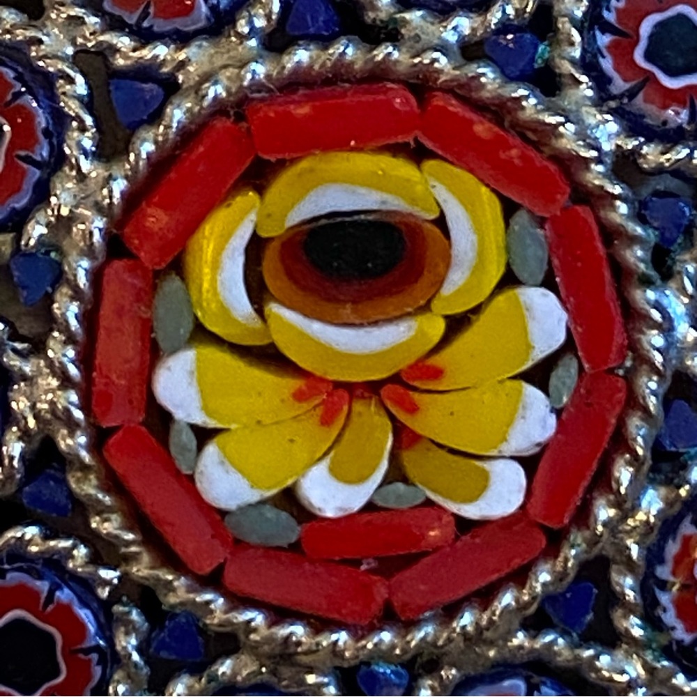 Millefiori Yellow Flower Micro Mosaic Glass Bead Silver Tone Round Brooch Pin - Picture 3 of 7